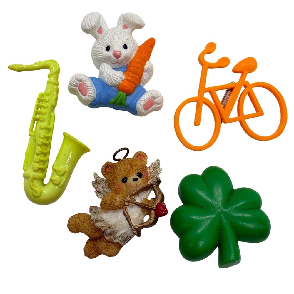 Vintage Brooch Lot Hallmark Shamrock Gibson Bunny Saxophone Bicycle Cupid Bear